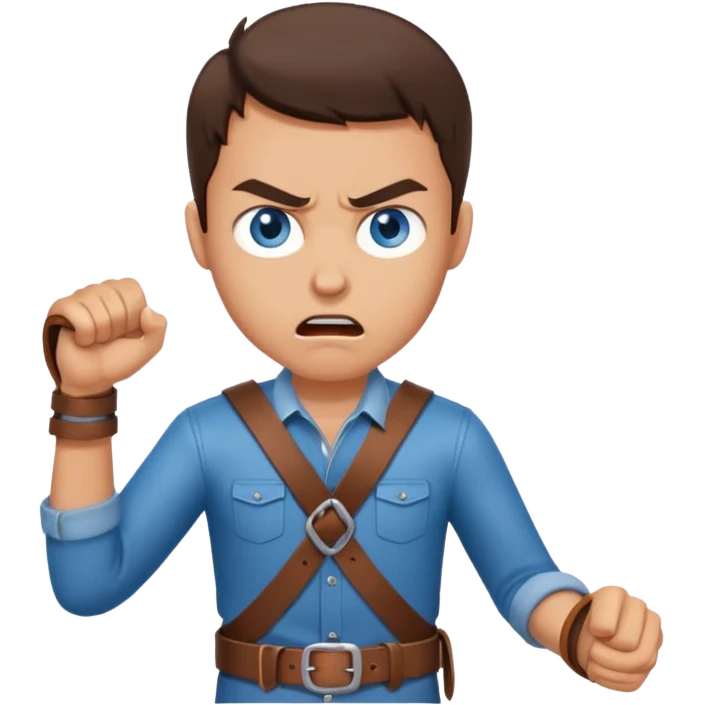 A brunette man with blue eyes, holding a belt in his hand and his expressions look angry emoji