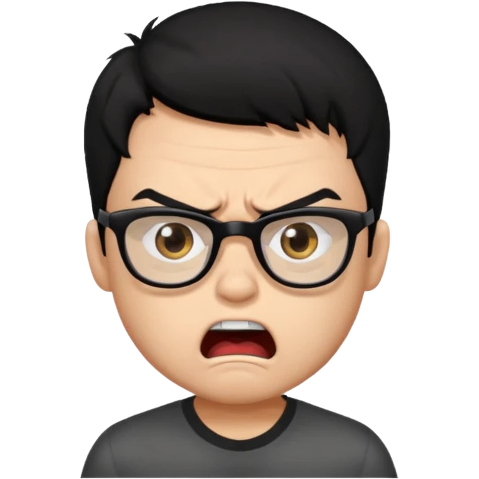 Angry boy with black hair and dark brown eyes with black framed glasses looking annoyed and in total rage  emoji