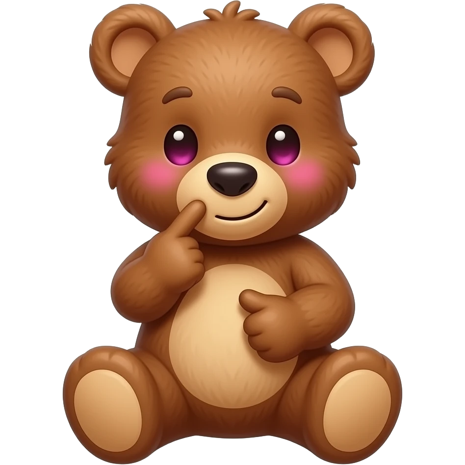 A brown teddy bear half body looking sideways as a male bear, he shy and looking down. He is also touching his index finger with each and pink glow under eyes just like an anime character. He is also slightly smiling. emoji