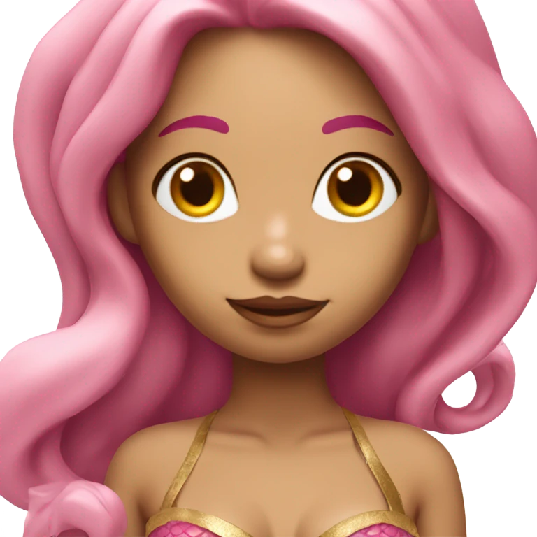 mermaid with long pink hair and pink tail with gold bra emoji