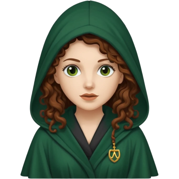 A white woman with long dark auburn hair robed and hooded like she's a Traitor in the tv show The Traitors. her hair is curly and the robe is a dark dark green emoji