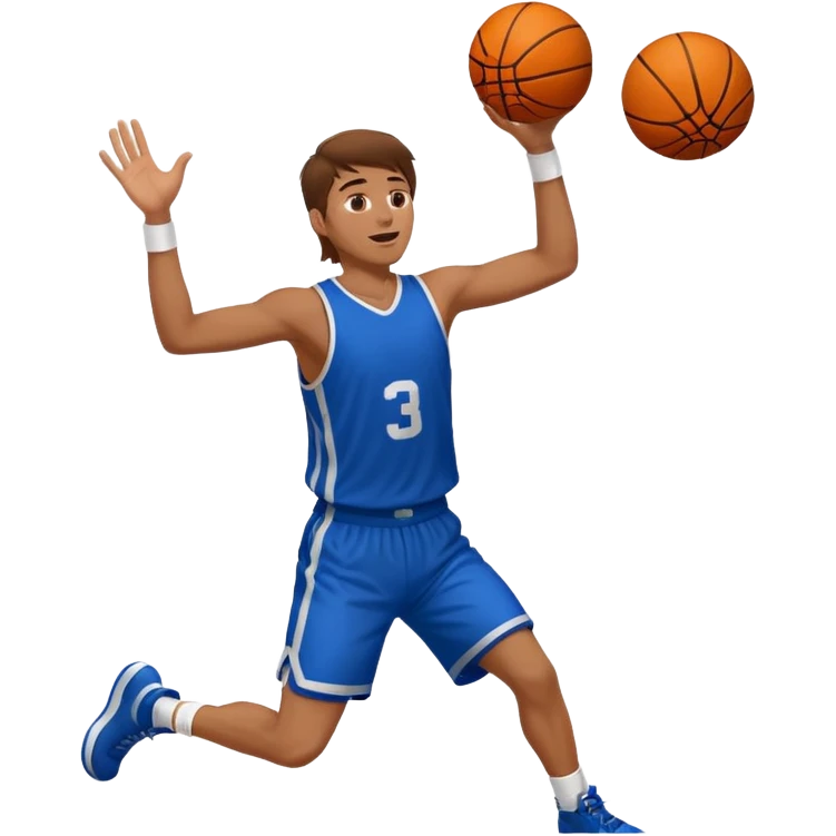 A white man with brown hair with a basketball, doing a layup emoji