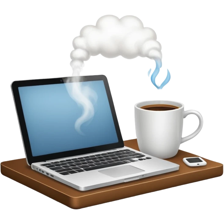 Open laptop on a desk next to a single steaming coffee mug emoji