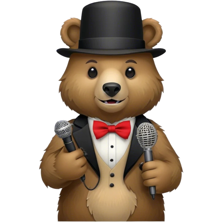an animatronic grizzly bear with a small black tophat with red stripe and black bow tie holding a microphone. emoji