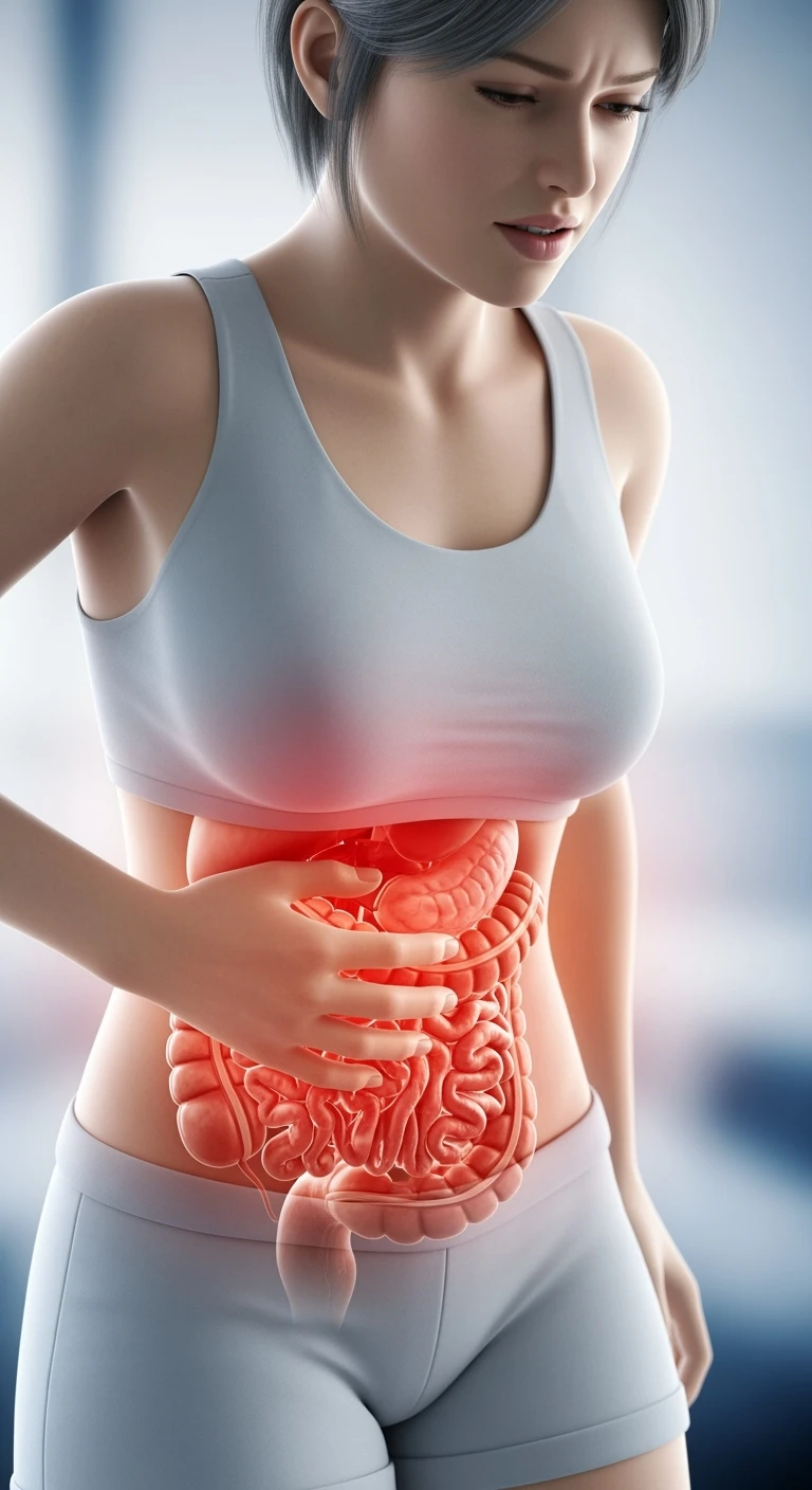 DONNA CON INTESTINO ANATOMICO REALISTICO e mal di pancia, intestino realistico in evidenza, IPERREALISTICO 4K emoji