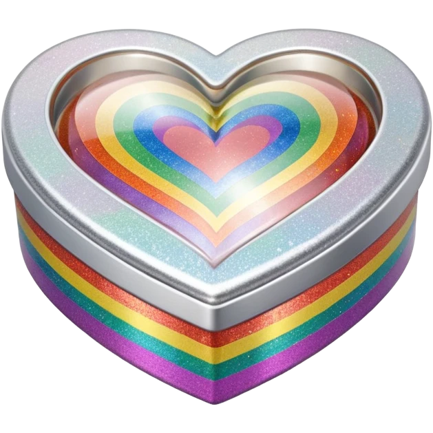 3D isolated, rendering, 8k resolution, 1x1, 8000x8000 pixels, transparent background, no emoji faces, Heart shaped box wrapped in silver metallic paper with 3D appearance rainbow prismatic effect glitter cute cute emoji