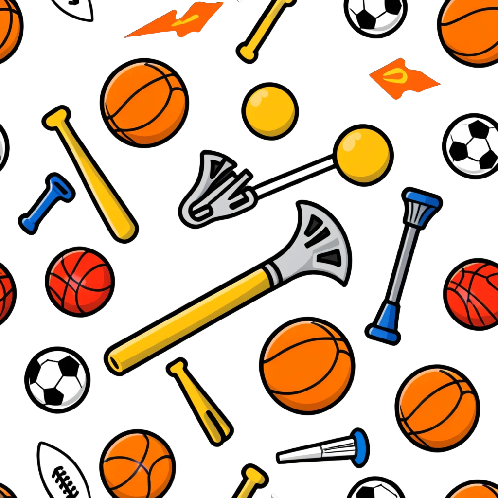 Multiple sports balls and equipment exploding outward in a boom emoji