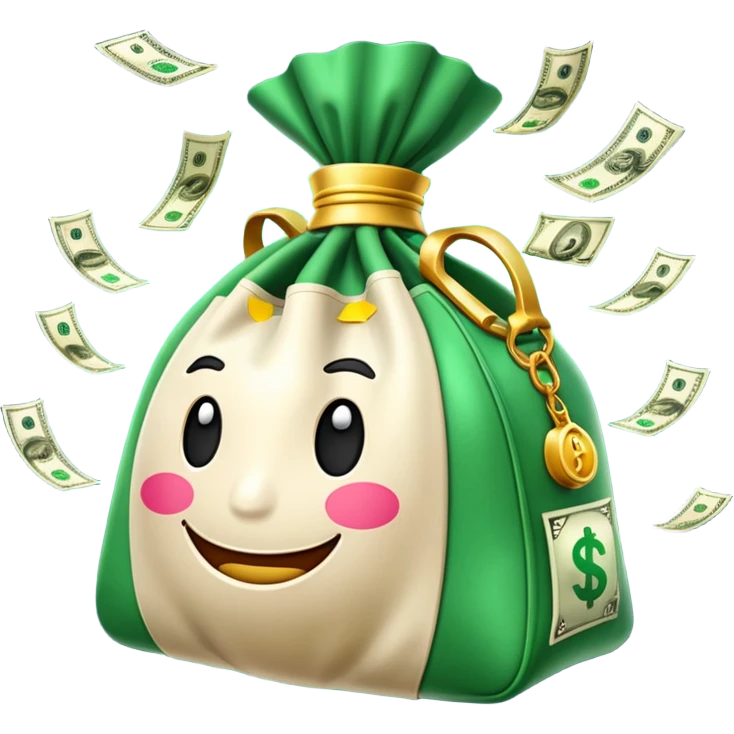 

3D emoji style, big bag of money, flying dollar bills, rich casino vibe, smooth lighting, high detail, clean edges, transparent background



 emoji