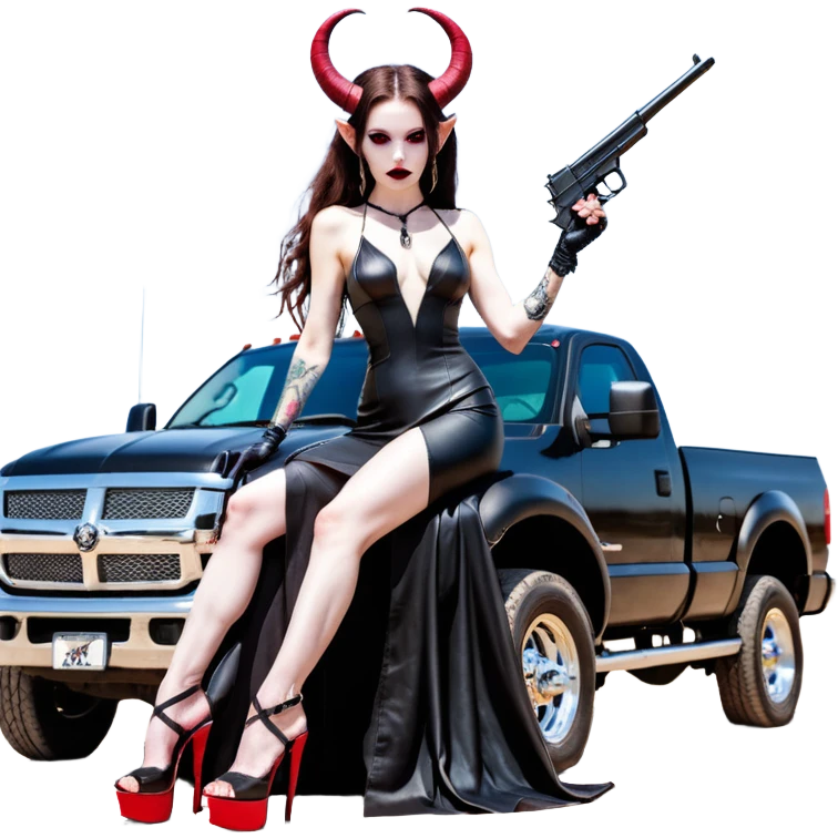Lilith model red eye sexy black  devil horns.  long brown haired sexy succubus woman with leather long dress slit, sitting on big Large F350 pickup truck. Black Platform high heels on feet. Tattoo sleeve arms, dead human skull of her ex skull is on top of stack of cash and a gun in  hand emoji