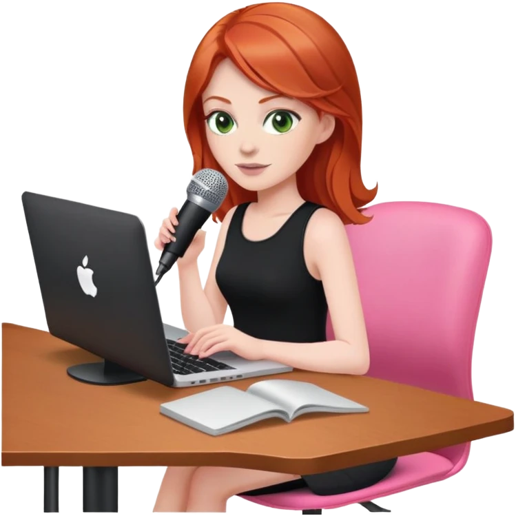 Redhead with green eyes sat at desk with pink MacBook and  podcast microphone black top and pink chair  emoji