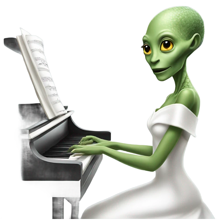 a Reptilian alien woman, play a piano, in white elegant dress emoji