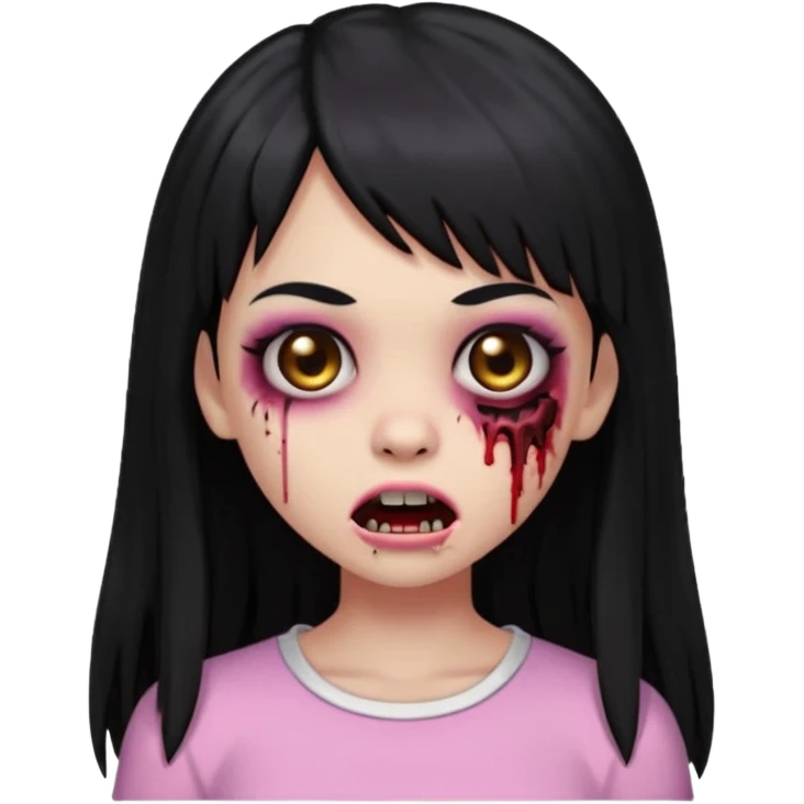 light-skinned Black zombie girl emoji, black eyes, long black hair with bangs, light pink blouse, zombie bite mark on neck emoji