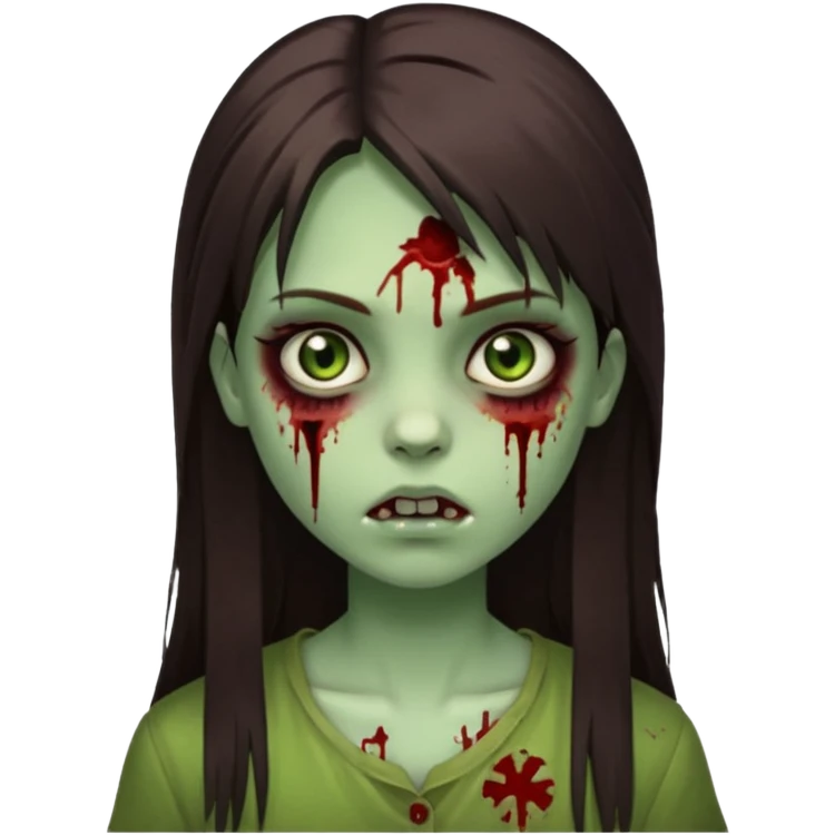 girl zombie with green pale skin with long dark brown straight hair with side bangs light brown eyes blood under eyes and brui emoji