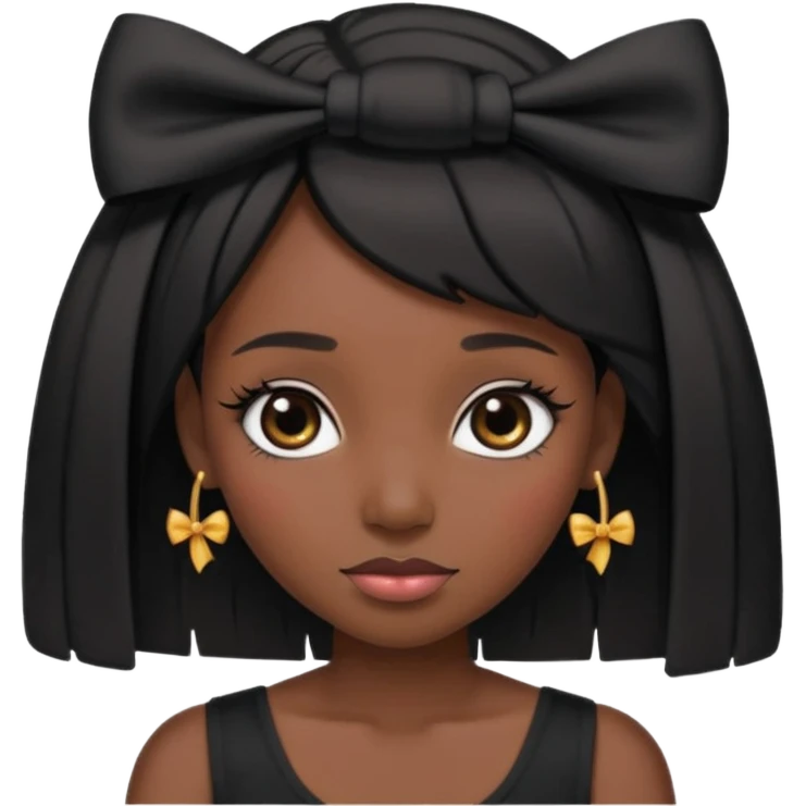 Adult woman with black cute  cut with a black top and a bow on her head with long lashes emoji