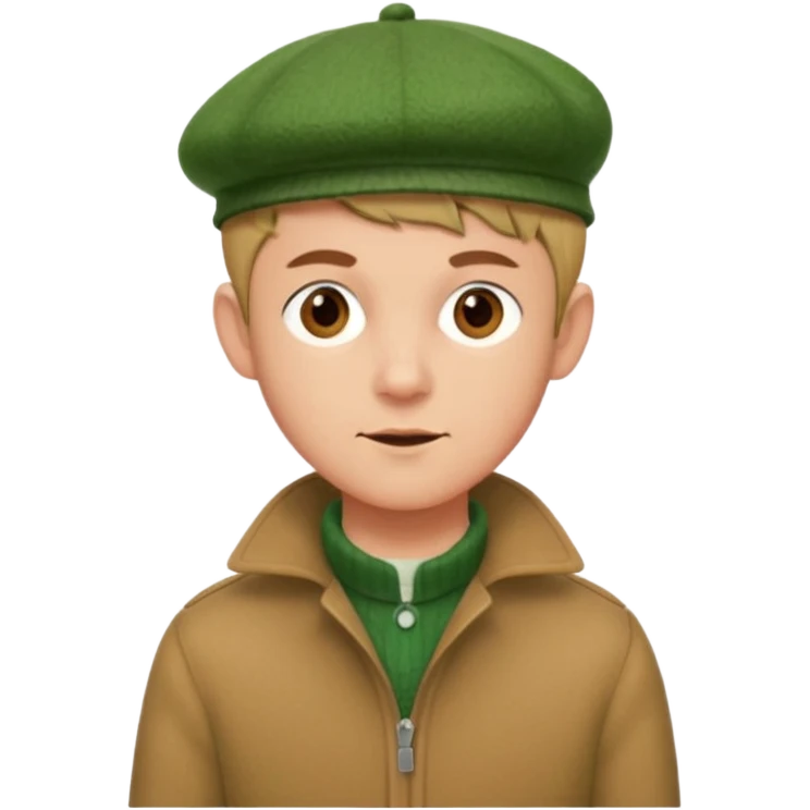 young man with pixie cut, green wool hat, tan jacket and pork chop sideburns emoji
