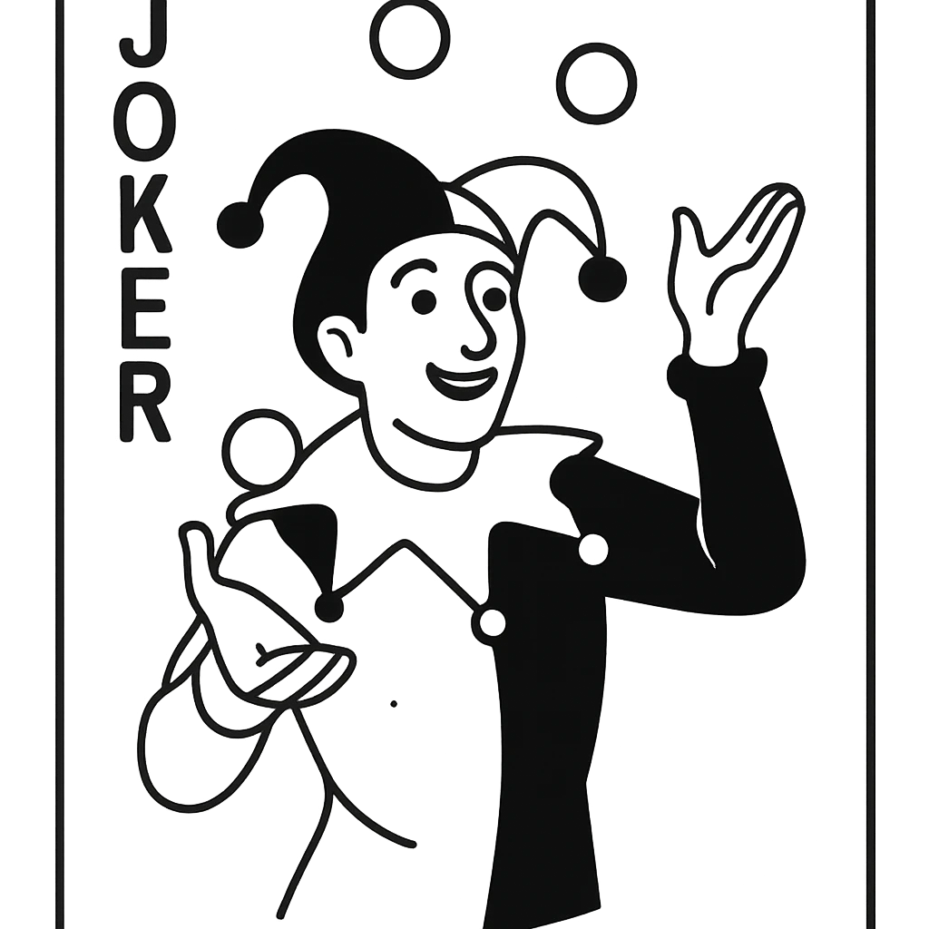 A joker card character with jester hat and playful expression, juggling balls emoji
