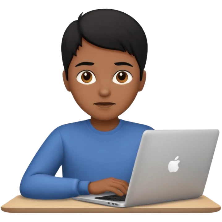 a brown skin person with black hair with no glass working in a laptop  in front view emoji