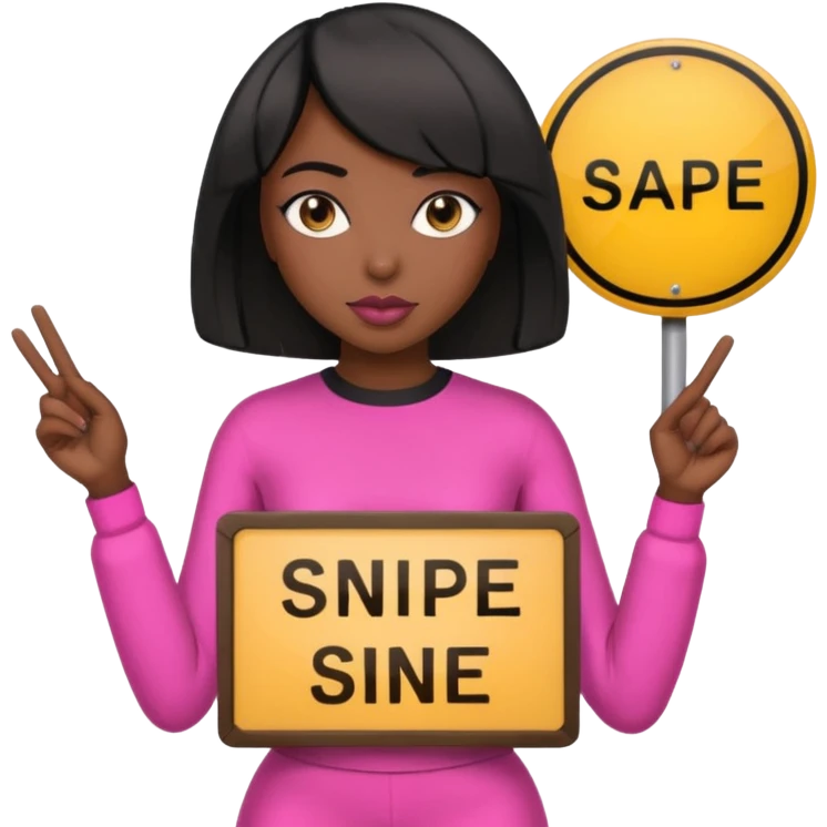 Dark skin woman with black bob in hair holding sign that says snipe  wearing pink outfit  emoji