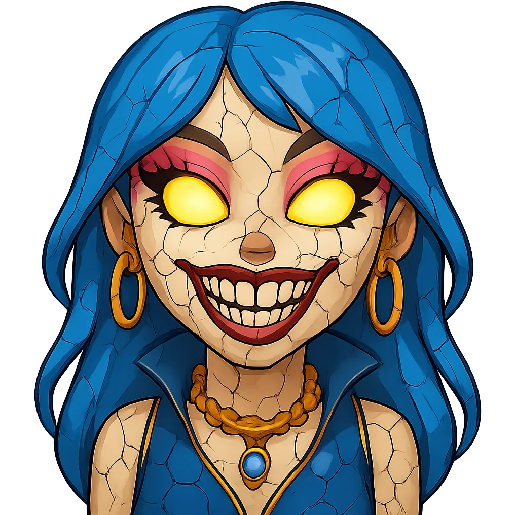 Add cracked porcelain effect to the emoji, keep glowing eyes, creepy gyaru style, blue hair, pretty makeup, bratz baddie vibe, emoji style, with no background. emoji
