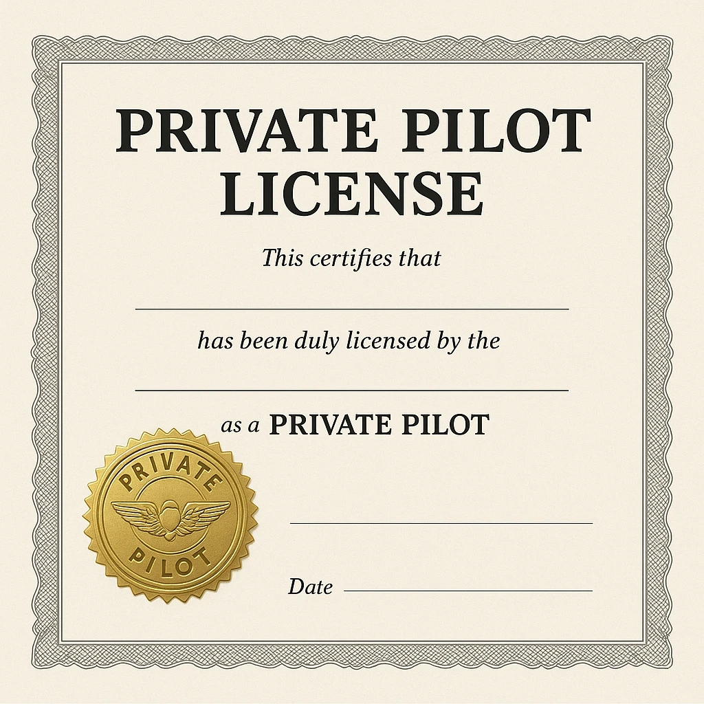 formal private pilot license design with a gold seal and official typography emoji