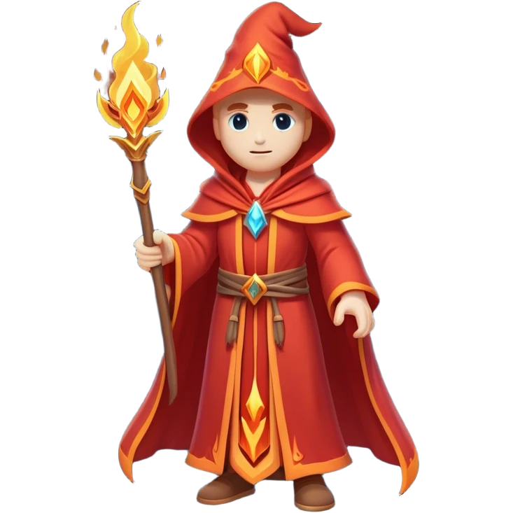 Clash of Clans aesthetic: Cinematic heroic powerful fire Wizard Hero  close up Emoji, rendered in a 3D vector-style similar to standard emojis with minimal shading and bold, simplified shapes. A compact, isometric figure draped in flowing enchanted robes and wielding a mystical staff, softly glowing with an arcane magical charm. Simplified yet unmistakably iconic, highly detailed and consistent, glowing with a soft radiant glow and high shine. Stylized with a touch of whimsical sorcery and a soft glowing outline, capturing the essence of a powerful wizard ready to cast spells with a friendly, playful spirit! emoji