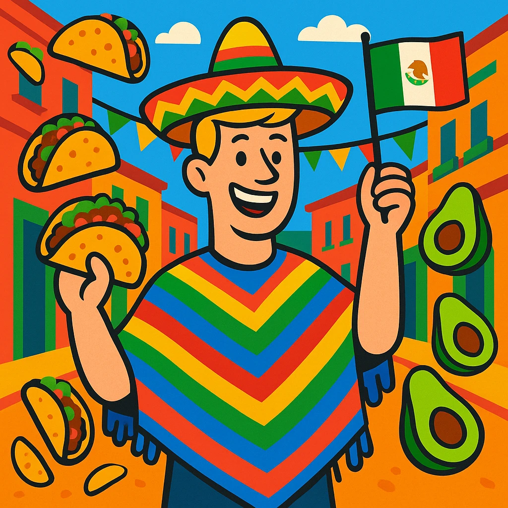 festive Cinco de Mayo cartoon of a tall white American with blonde hair, smiling, wearing a colorful poncho, holding a taco and an avocado, waving a Mexico flag, surrounded by tacos and avocados, on a lively street background, bright and bold colors emoji