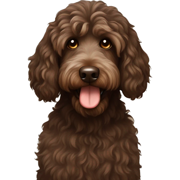 Dark brown Australian labradoodle with middle aged brown haired woman emoji