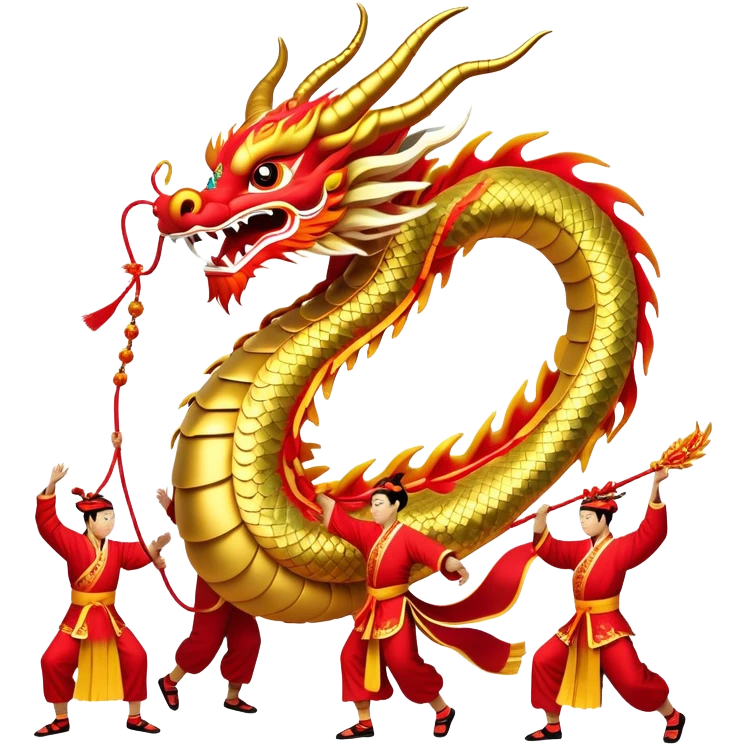 Cinematic Realistic scene of a Chinese Dragon Dance featuring performers energetically holding a vibrant dragon model aloft, with intricately detailed scales and dynamic flowing costumes, illuminated by festive red and gold lighting that captures the spirit of celebration. emoji
