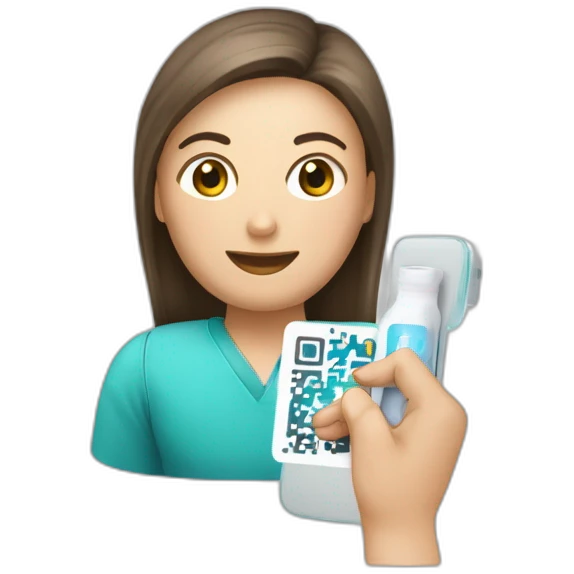 Un emoji di una persona comune che con uno smartphone scansiona un codice QR da un flacone di medicinale. emoji