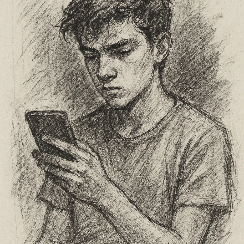 un chico con un celular en su mano, estilo boceto a lápiz emoji