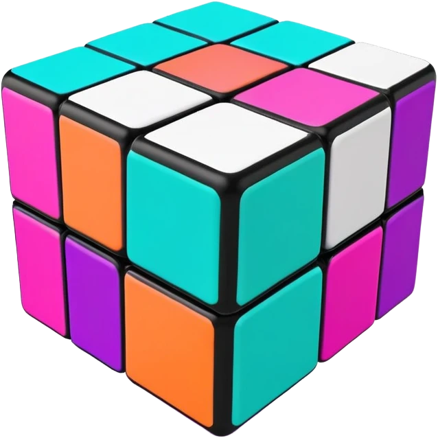 A 3x3 Rubik's Cube in mid-turn, showing movement, with vibrant 90s American colors like neon green, purple, turquoise and hot pink emoji