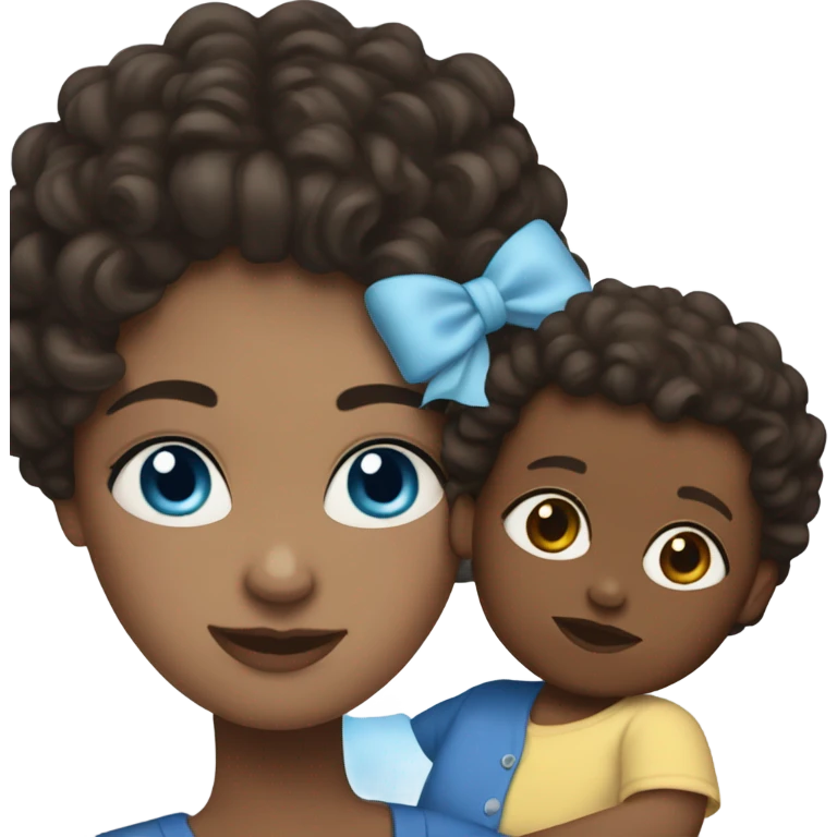 White mother with dark brown hair and blue eyes holds mixed baby with dark brown curly hair emoji