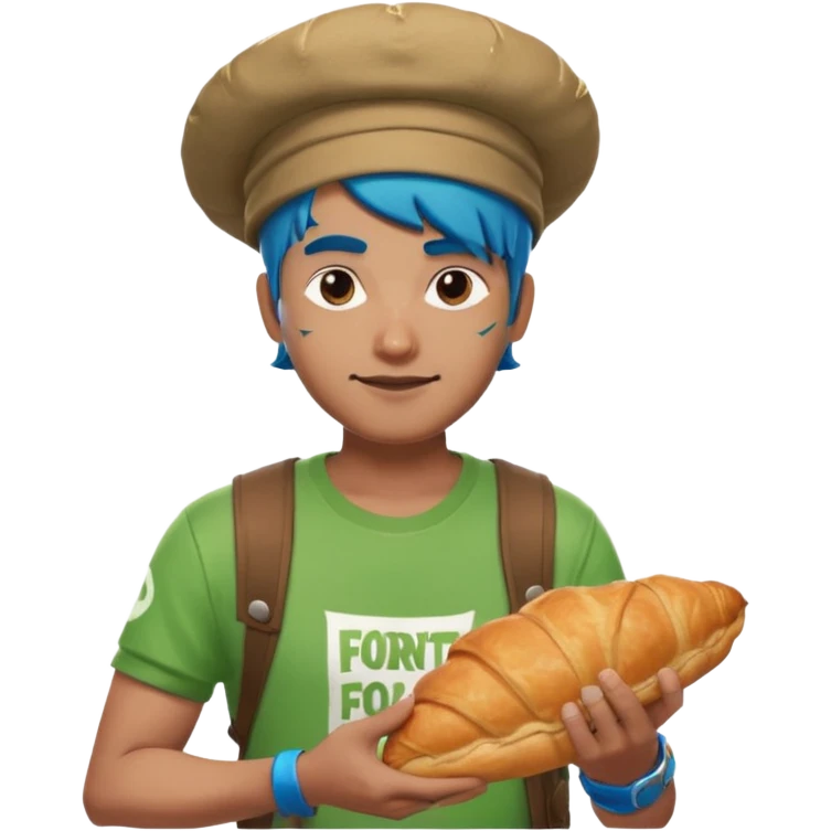 a man with green fortnite tshirt indian he has a cool hat and has a crousant with blou flesh emoji