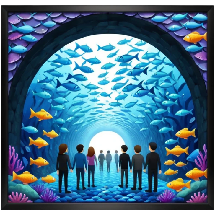 des gens qui sont dans un tunnele et les parois c'est des poissons  emoji