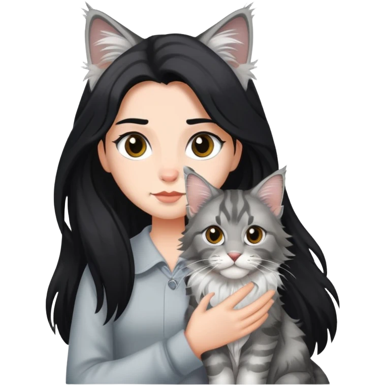 a silver based Maine Coon cat holding a black hair girl emoji