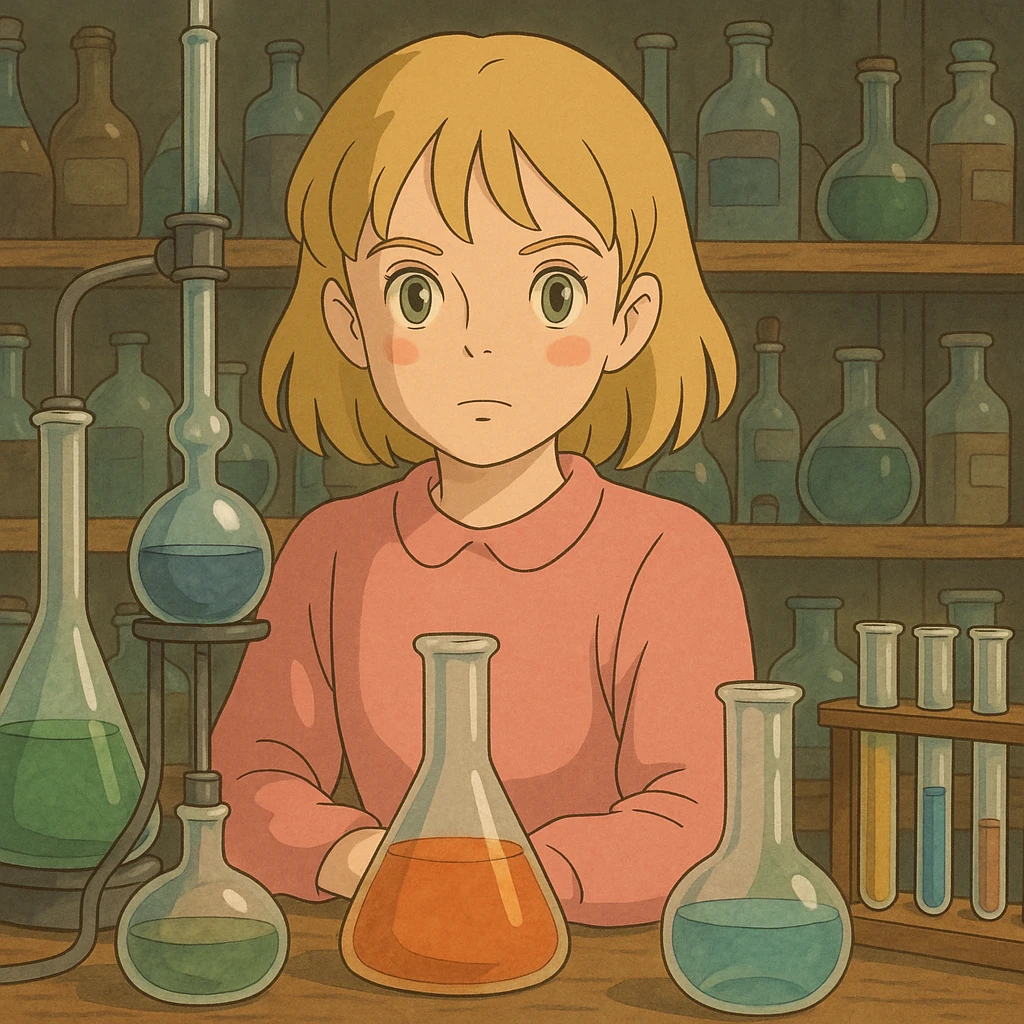 blonde girl with green-grey eyes, in pink clothes, surrounded by chemistry equipment, chemist style emoji