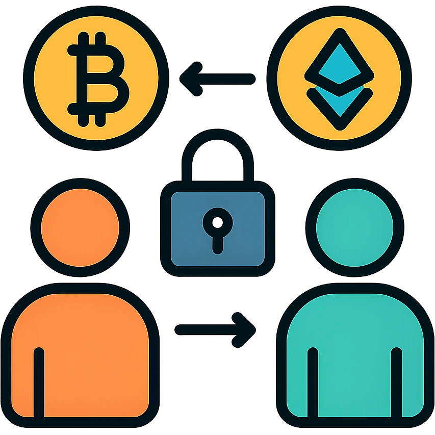 Secure P2P crypto transaction with escrow service, showing two people, cryptocurrency symbols, and a lock emoji