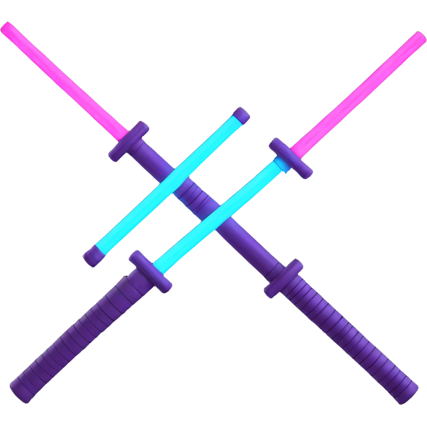 a pair of crossed lightsabers, one glowing pink purple and the other neon blue, vibrant and dynamic, realistic emoji style emoji