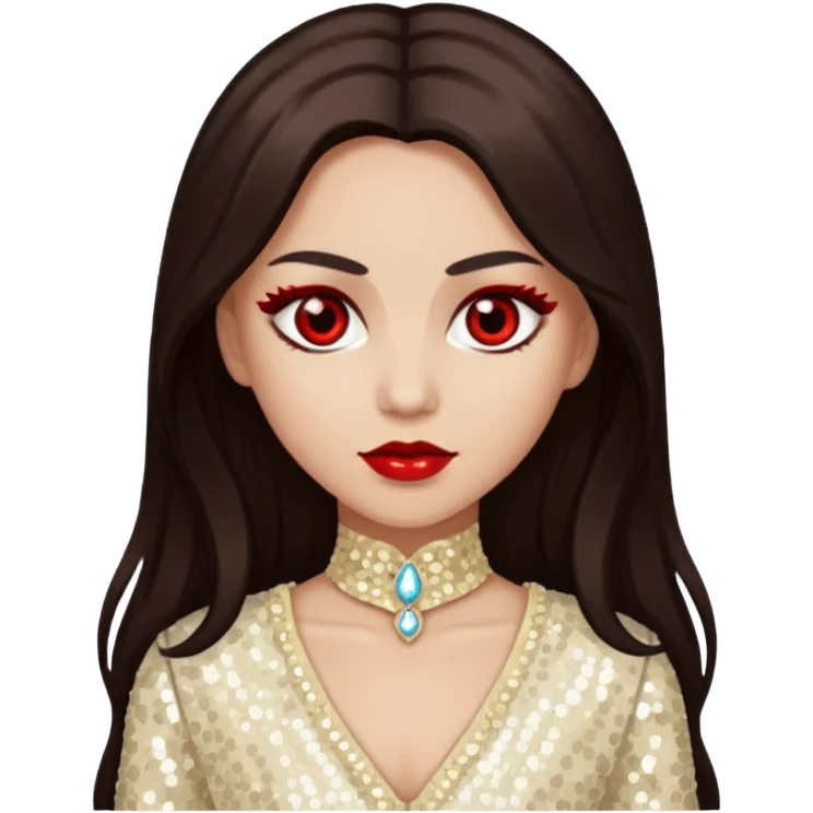 Bloody Mary with light skin, long dark brown hair, red eye, ivory sequin outfit emoji