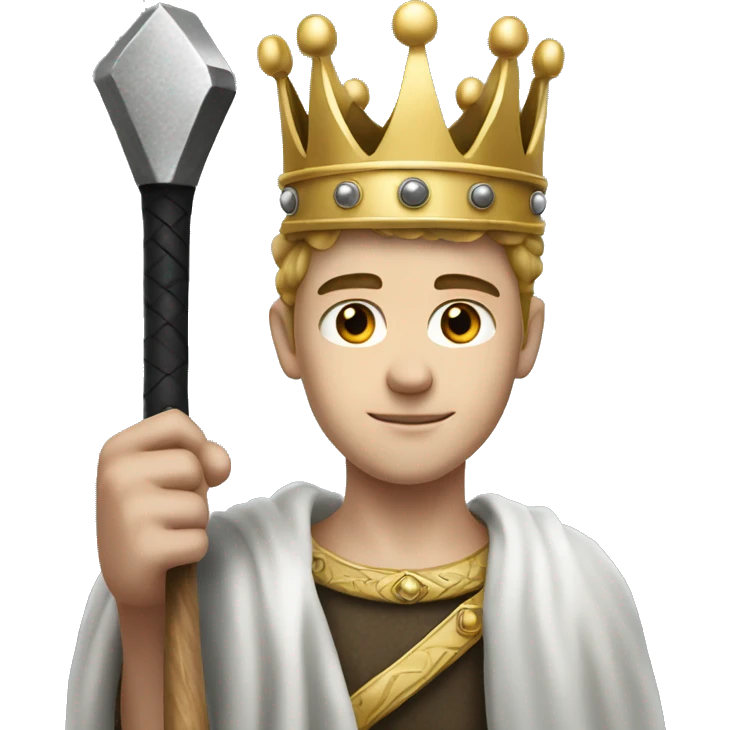 A young white king with crown and his hand having black colour hammer emoji