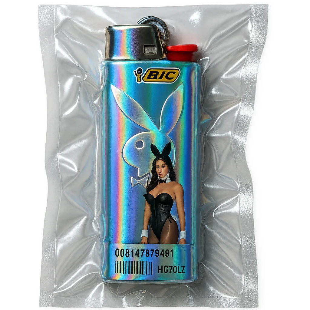BIC lighter, shiny and inflated, with a holographic Playboy Bunny logo and a model in a black bunny suit emoji