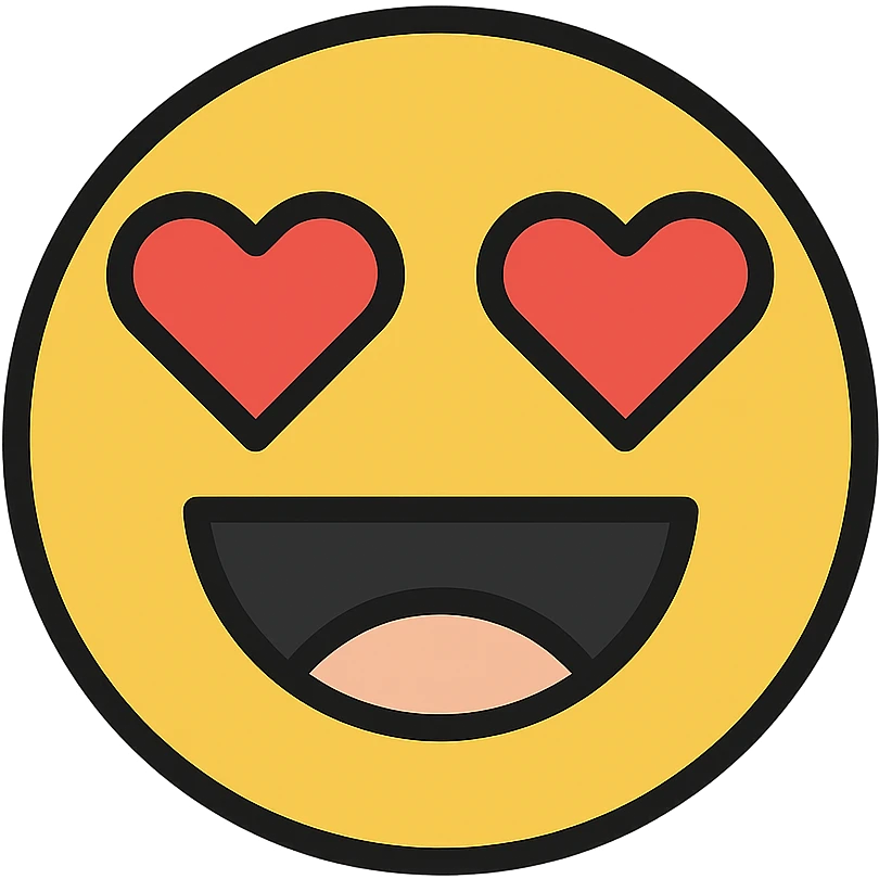 goofy smiley face with heart eyes, modern icon style, clean and minimalistic, bold lines, simple shapes, colorful emoji
