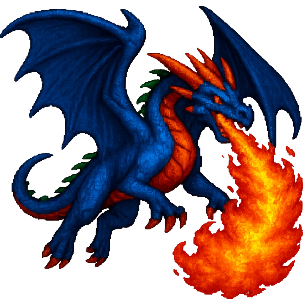 Add a dramatic fiery breath effect to this flying blue dragon, keep the style of the original image, no background. emoji