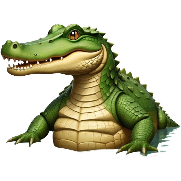 cinematic-crocodile-realistic-full-body-lounging-emoji,-massive-scaled-body-partially-submerged-in-shallow-water,-head-tilted-dramatically,-rough-green-and-brown-hide-textured-with-deep-ridges,-simplified-yet-realistic-focused-features, head held high emoji