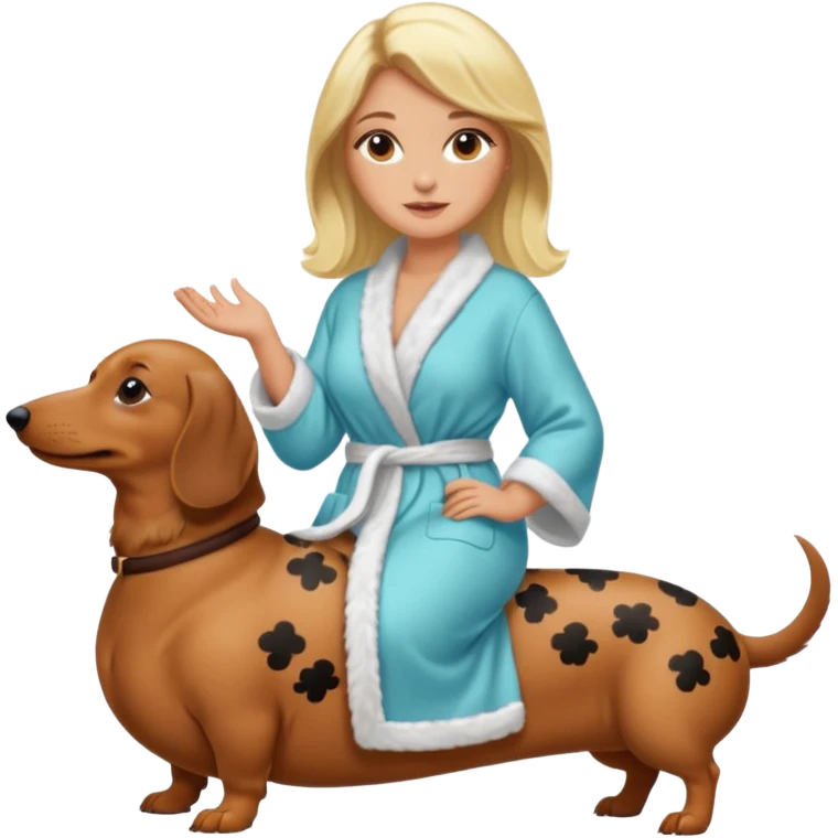 A blonde curvy woman riding on top of a dachshund wearing a robe emoji