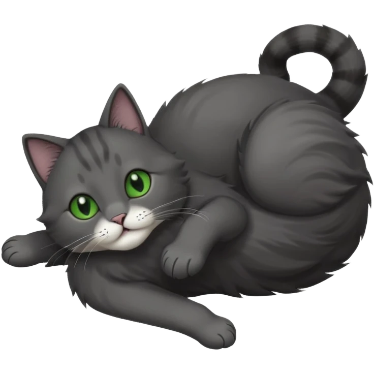 solid dark grey cat with green eyes, white toes/paws playfully rolling upside down emoji