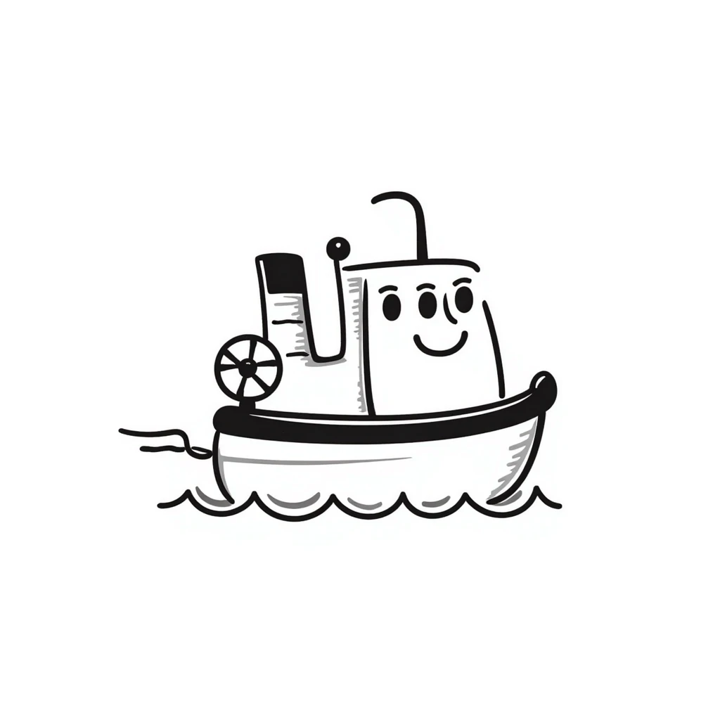 A hand-drawn toy paddleboat with a grinning face and little spinning wheels emoji