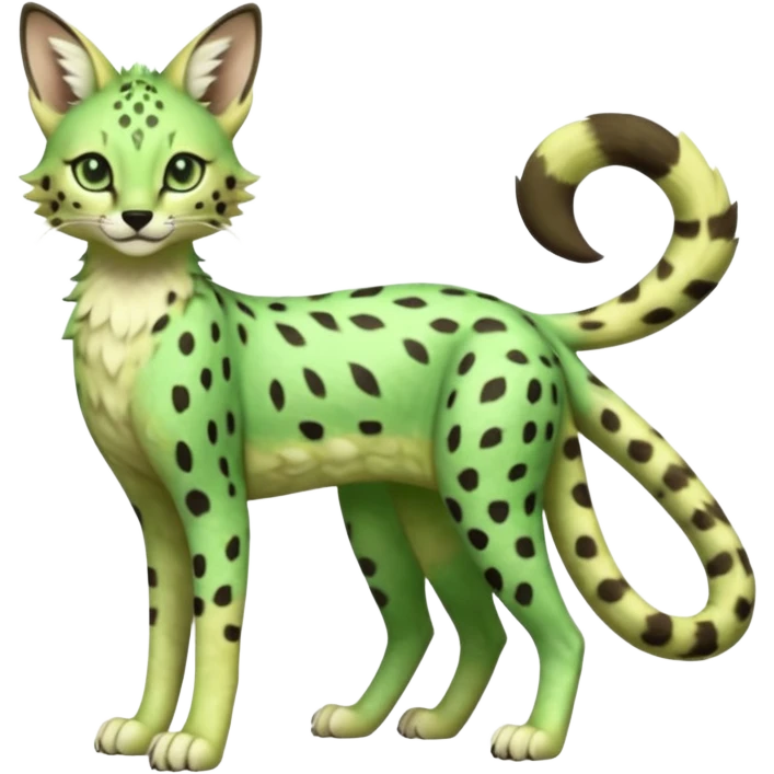 Epic complex detailed emerald-green pastel-lime-green dark-brown beige pastel realistic aesthetic-scenic-Fakémon-Sprigatito-Floragato-Meowscarada-Trico-Sergal-Serval-Vernid-creature (full body) emoji