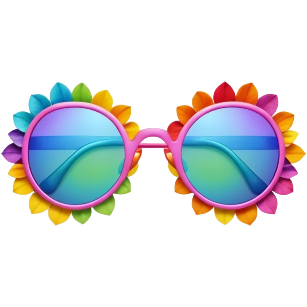 3D, psychedelic colored sunglasses made out of hippie style flower petals emoji
