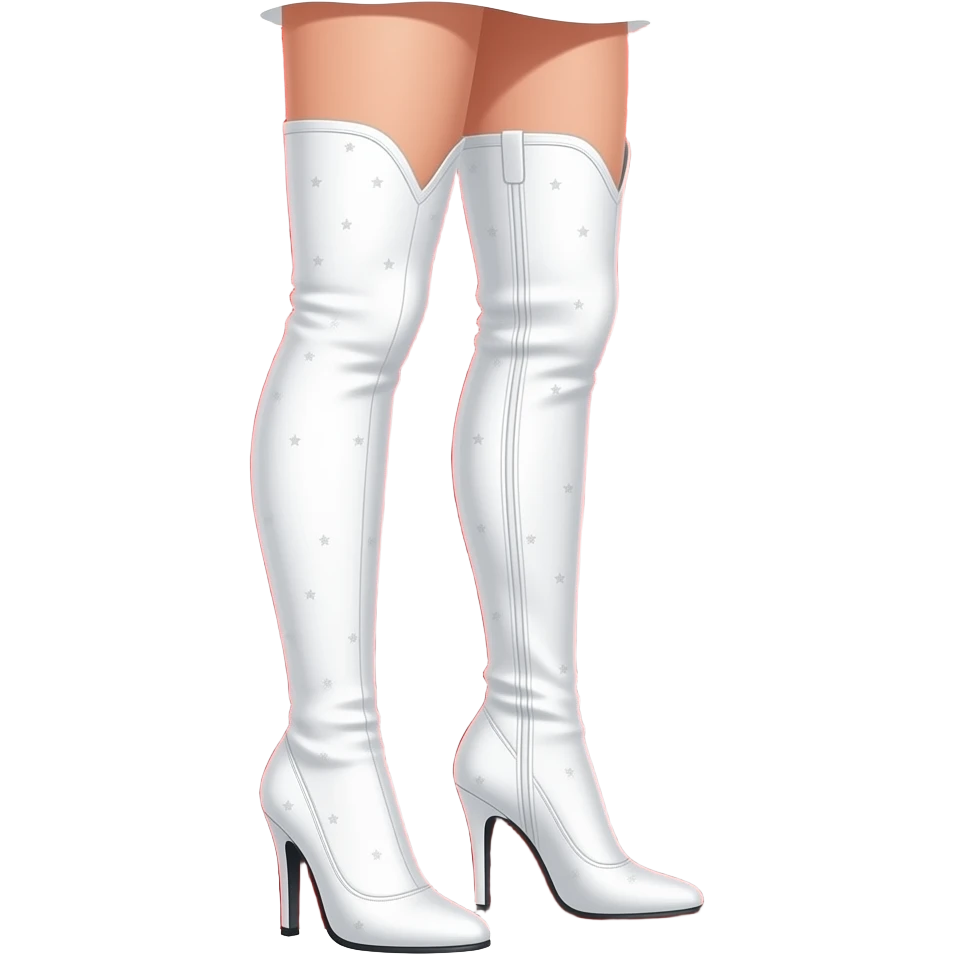 흰색 실루엣으로 표현된 허벅지까지 올라오는 롱부츠 형태이며, 인물의 다리와 하나처럼 이어진 디자인이다.
굽이 있는 하이힐 부츠로, 종아리부터 발목까지 날씬하게 떨어지는 라인이 강조되어 있다.
표면에는 작은 별 패턴이 흩어져 있어 단순한 흰색이 아니라 반짝이는 느낌을 더한다.
부츠의 각도는 살짝 한쪽으로 기울어진 포즈로, 마치 무대 위에서 포즈를 취한 듯한 역동성을 만든다.
배경의 강한 빨간색 글리터 질감과 대비되면서, 부츠가 더 선명하게 떠오르는 구조다. emoji